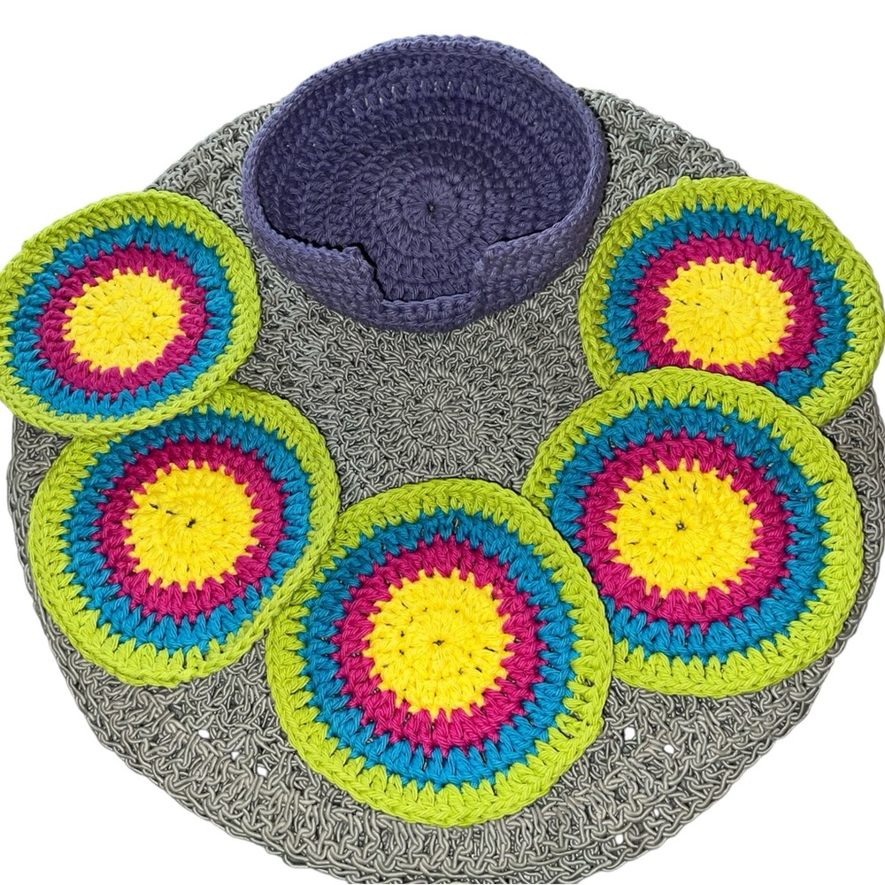 Handmade Crochet 5 Oversized Coaster Set SouthWestern Coffee Cup Mug Rug